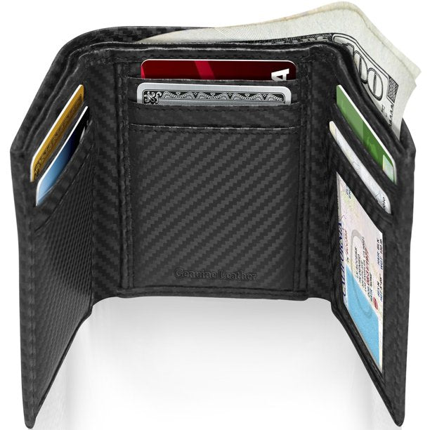 Genuine Leather Black Carbon fiber Trifold Wallet With ID Window Gifts For Men RFID Blocking