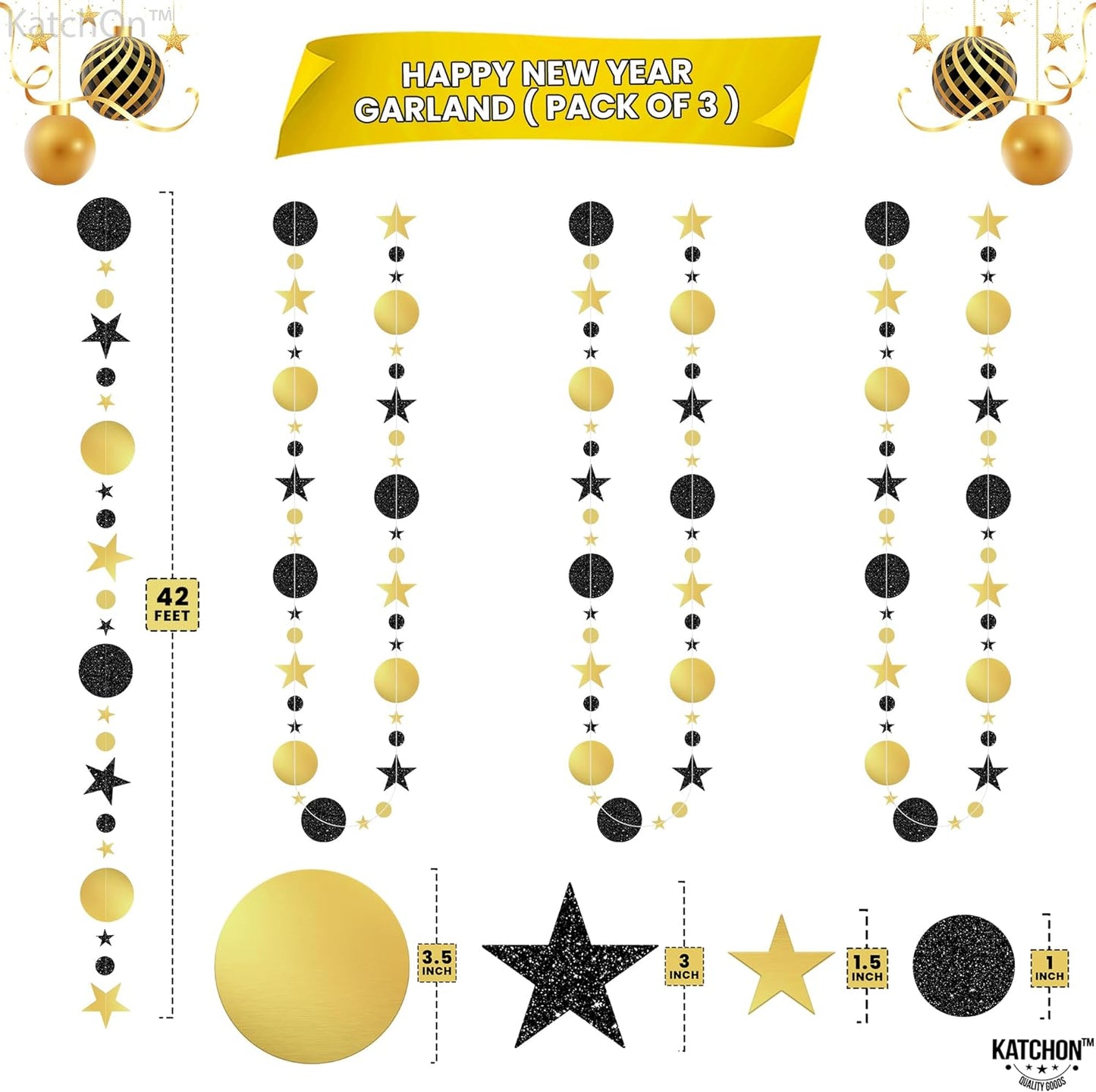 Glitter Happy New Year Garland - 42 Feet, Pack of 3 | Happy New Year Star and Moon Garland Banner for New Years Eve Party Supplies 2024 | Happy New Year Decorations 2024, NYE Decorations 2024