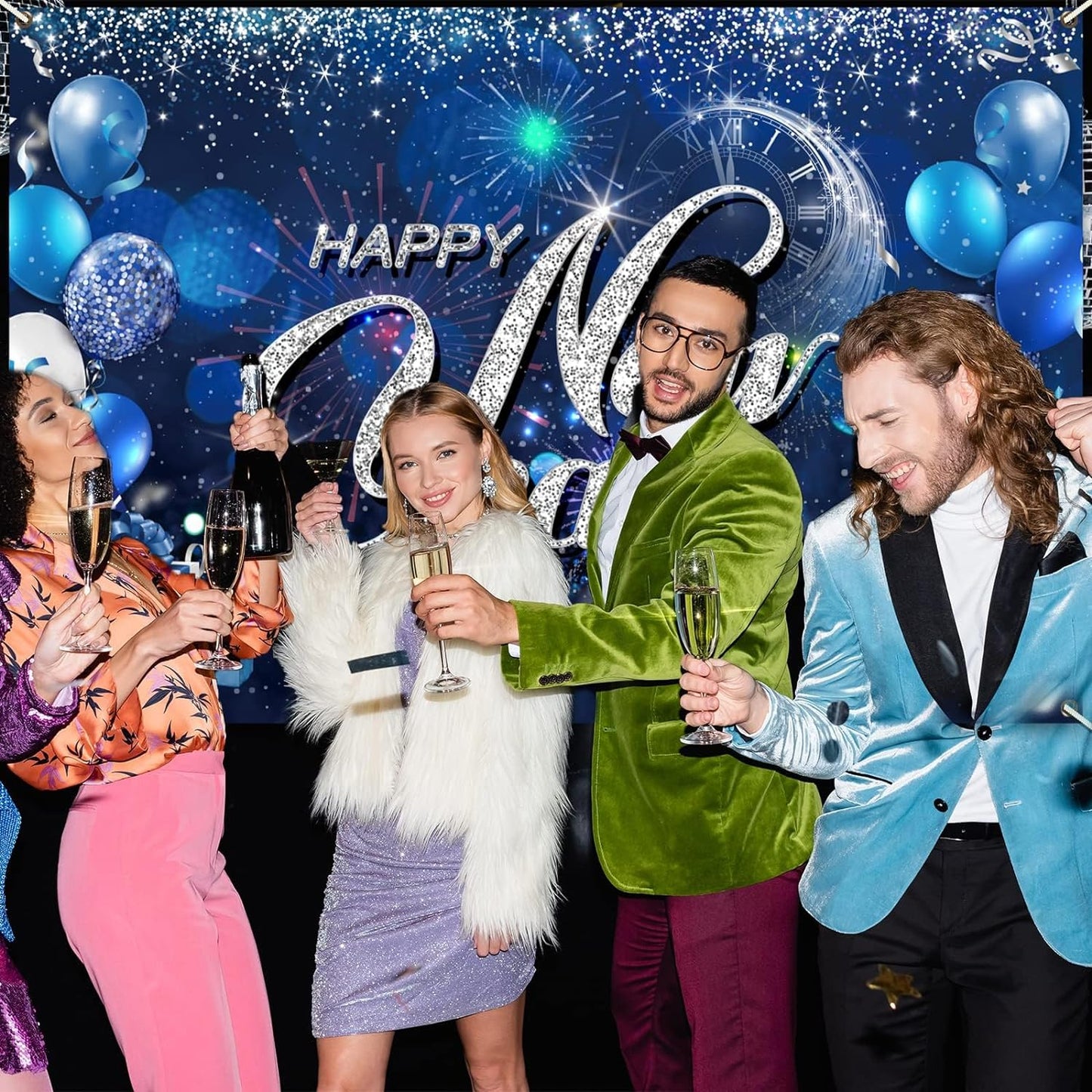 Happy New Years Eve Backdrop Banner New Years Decorations 2024 Glitter Blue Photography Background for New Years Party Decorations Supplies Favors with Clock