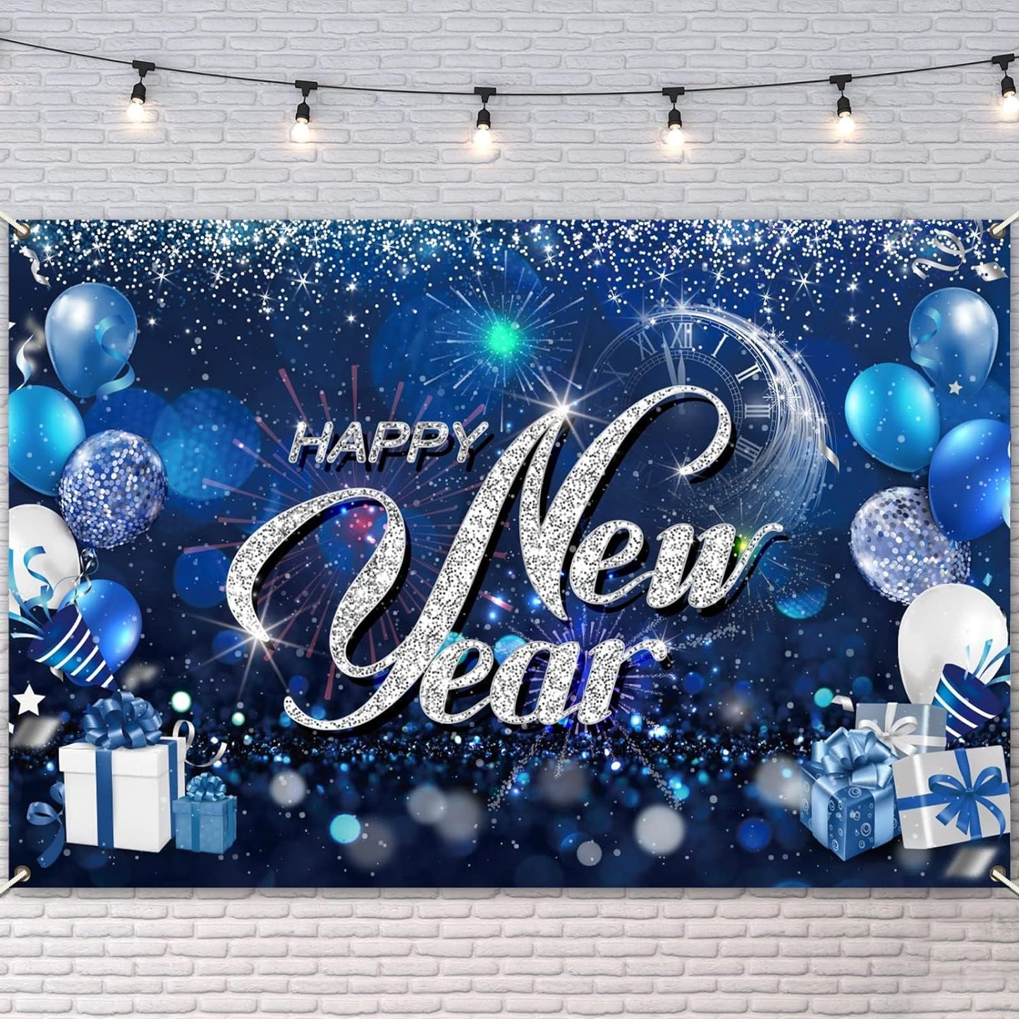 Happy New Years Eve Backdrop Banner New Years Decorations 2024 Glitter Blue Photography Background for New Years Party Decorations Supplies Favors with Clock
