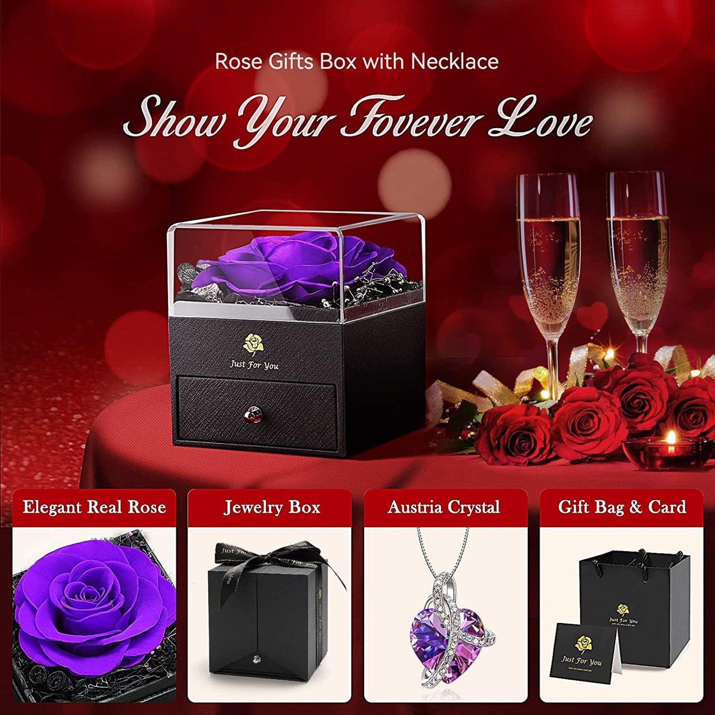 Valentines Day Gifts for Her-Preserved Real Purple Rose Eternal Flowers w/ Austria Crystal Necklace