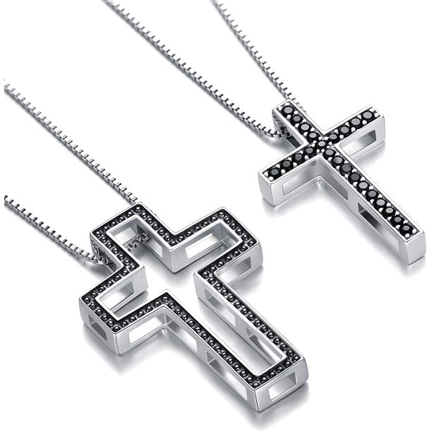 2PCS Sterling Silver Cross Necklaces Box Chain Necklaces for Couples