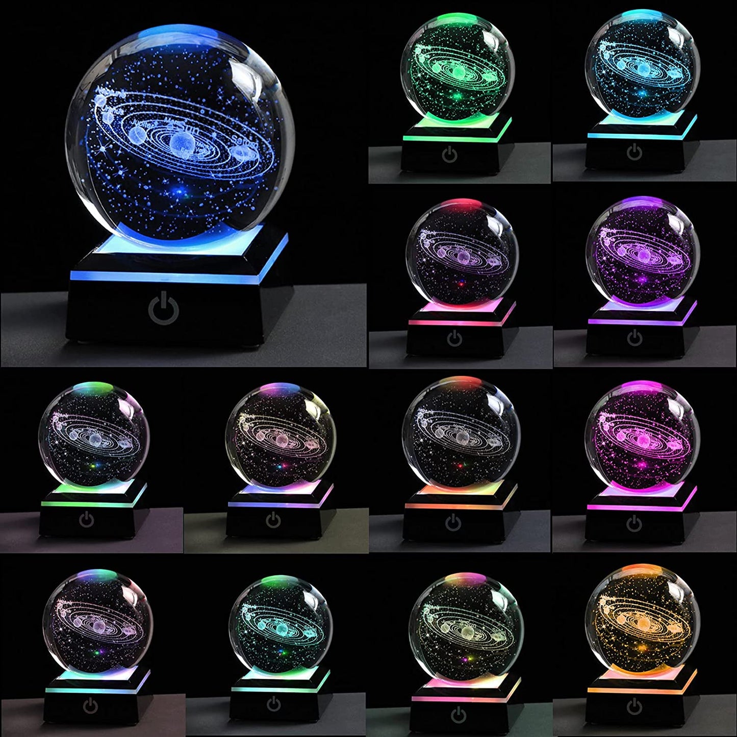 3D Solar System Crystal Ball with LED Colorful Lighting Touch Black Base, Science Astronomy