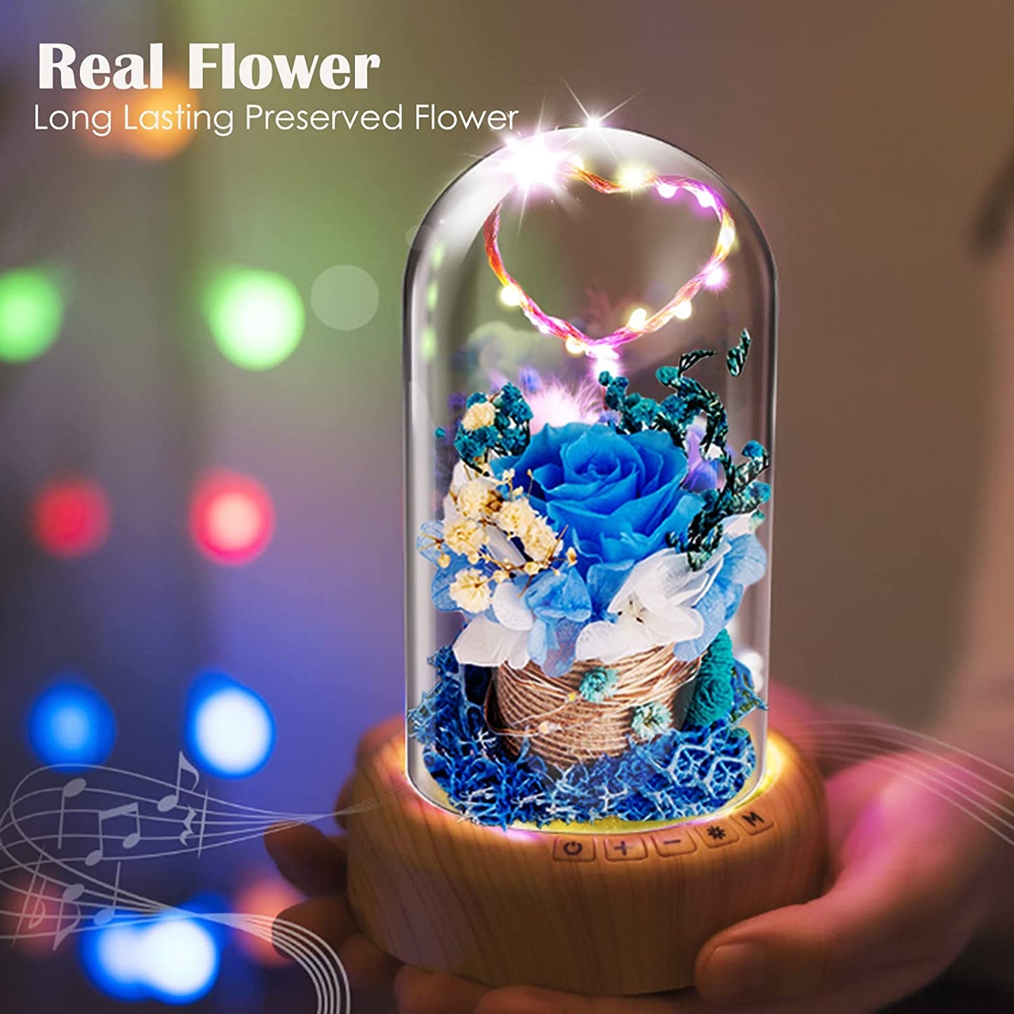 Blue Rose Led Lamp Real Preserved Rose in Glass Dome, Night Light w/ Bluetooth Speaker