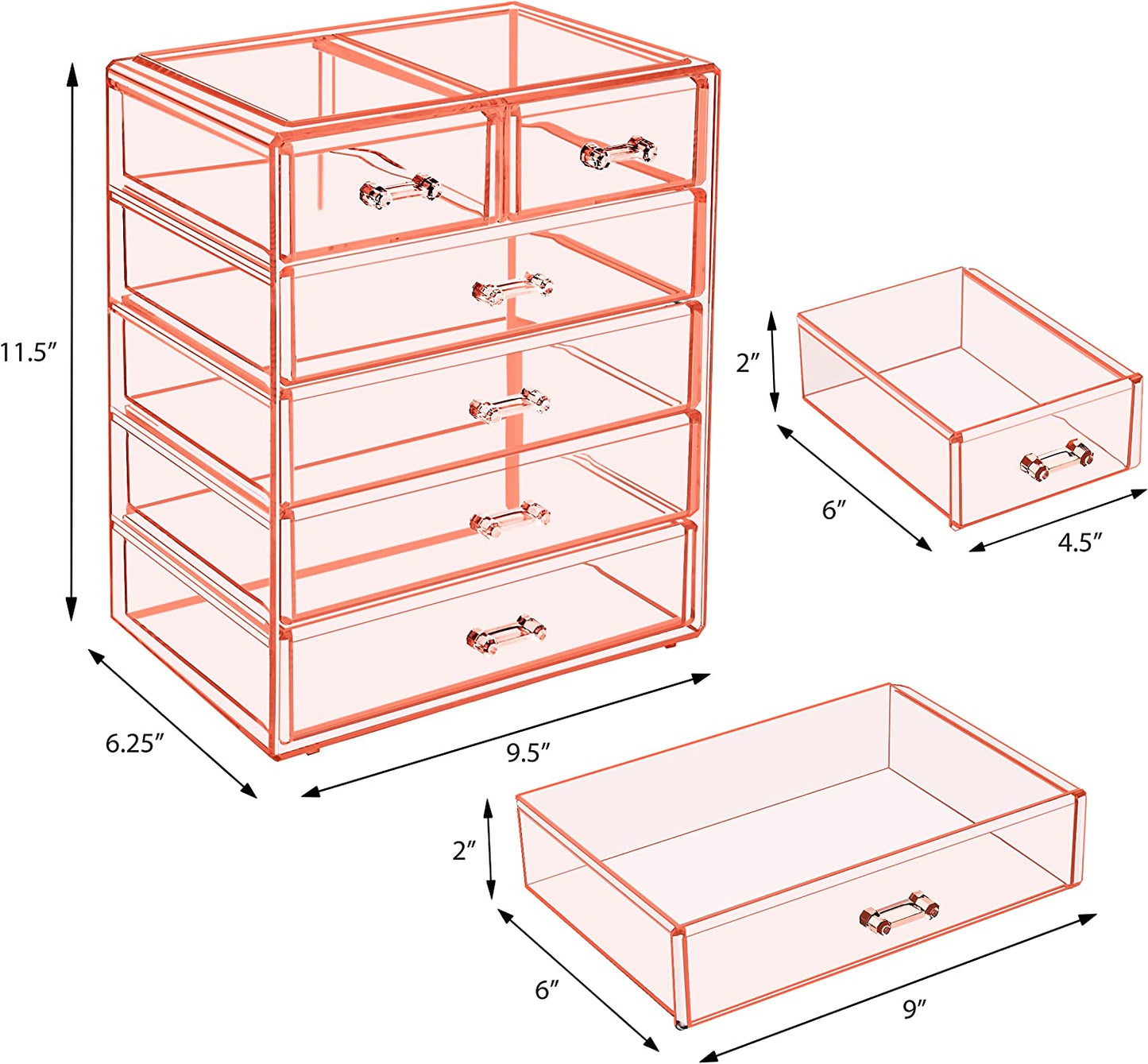 Clear Cosmetics Makeup Organizer-Big & Spacious Acrylic (4 Large, 2 Small Drawer) Pink