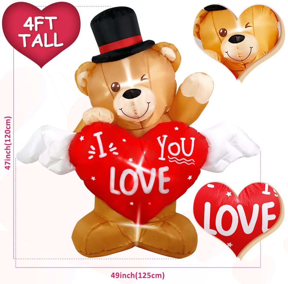 4 FT Valentines Day Inflatable Teddy Bear Outdoor Decoration w/ Love Heart, LED Light