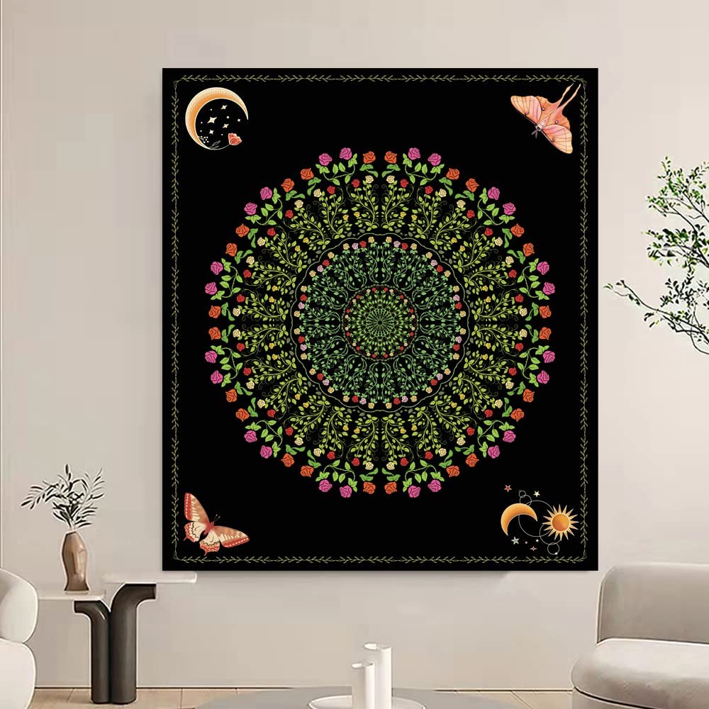 Valentines Day Gift Tapestry Glow in the Dark Pink Roses, Aesthetic Mandala Flower 48"x36"