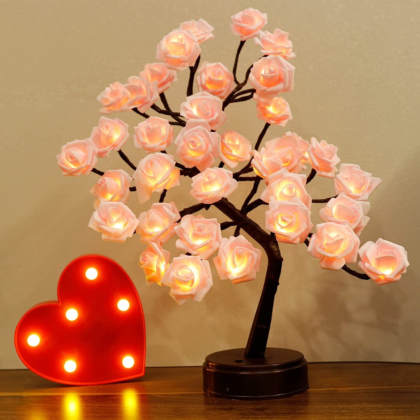 Rose Lamp Gift Mothers Day Decor, 36LED Pink Rose Tree USB/Battery