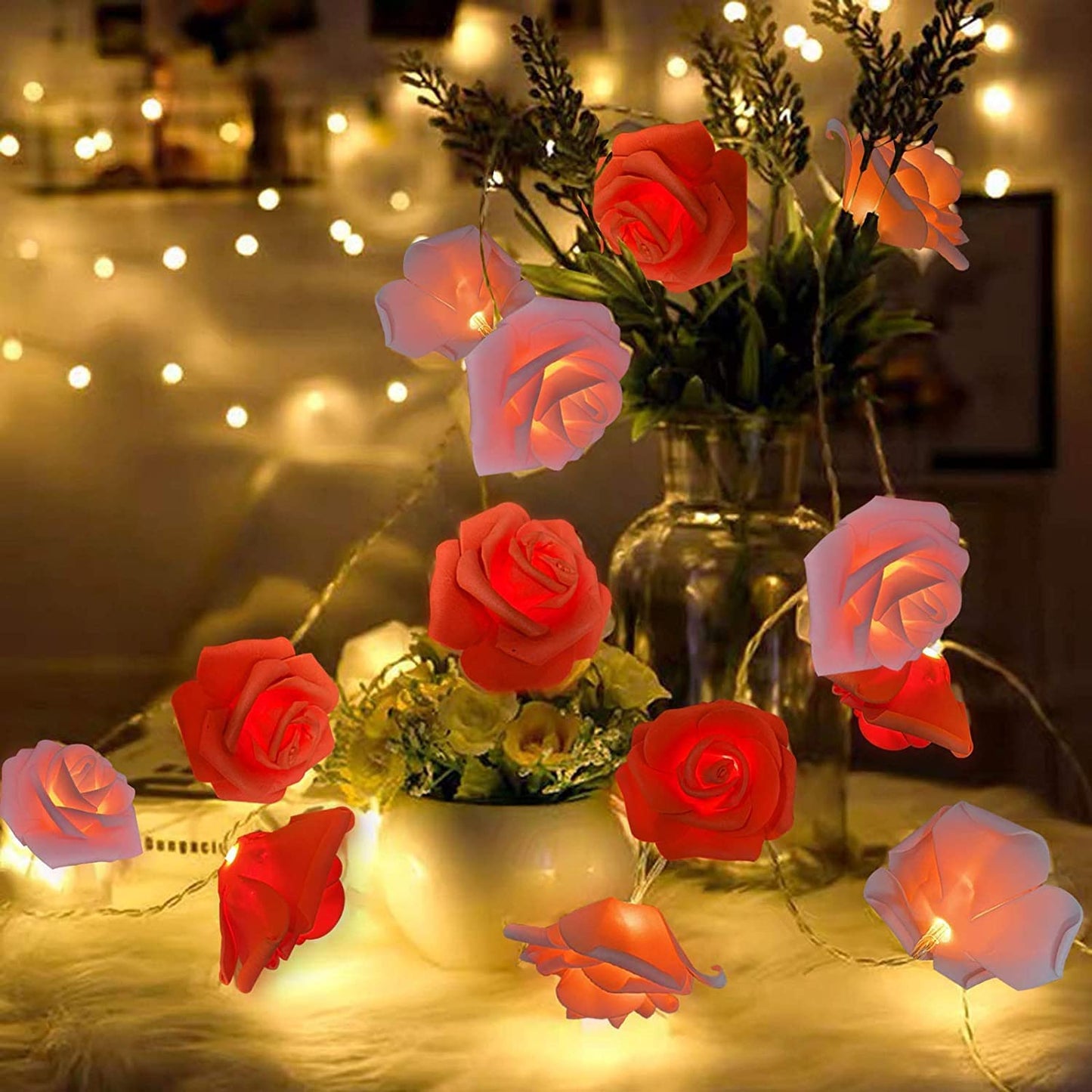 7Ft 20 Led Valentines Rose Lights, Red Pink Rose Fairy Lights (Warm White)