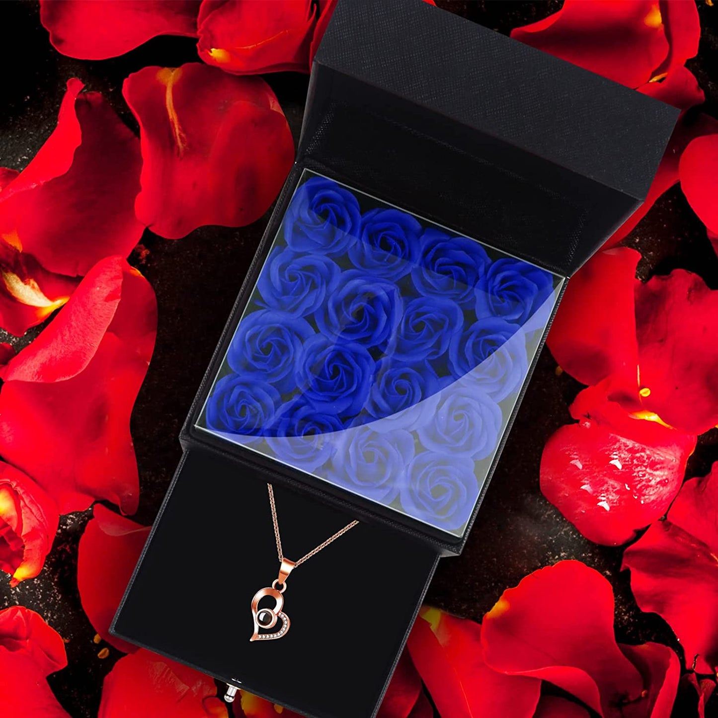 Eternal Preserved Rose, Handmade Box w/ Love You Necklace 100 Languages, Blue