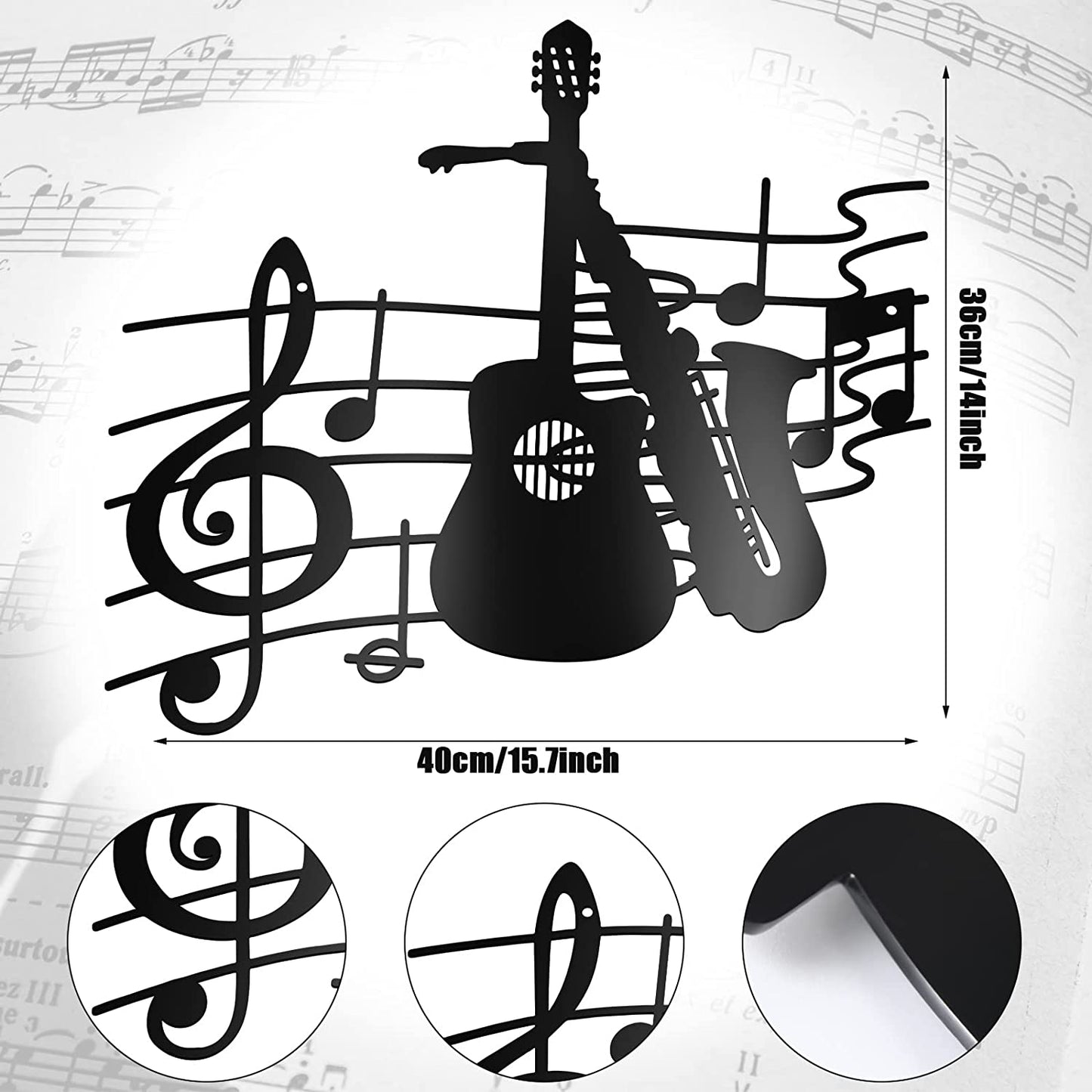 Music Metal Wall Art Guitar & Saxophone Sculpture Music Theme Note 15.75x14.17in