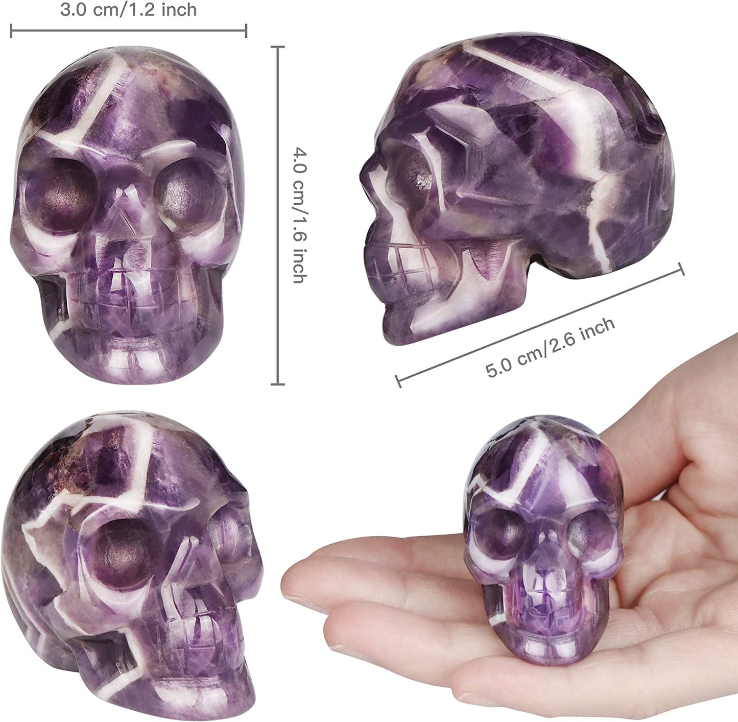 2.0" Amethyst Crystal Skull Head Statue Healing Figurines, Carved