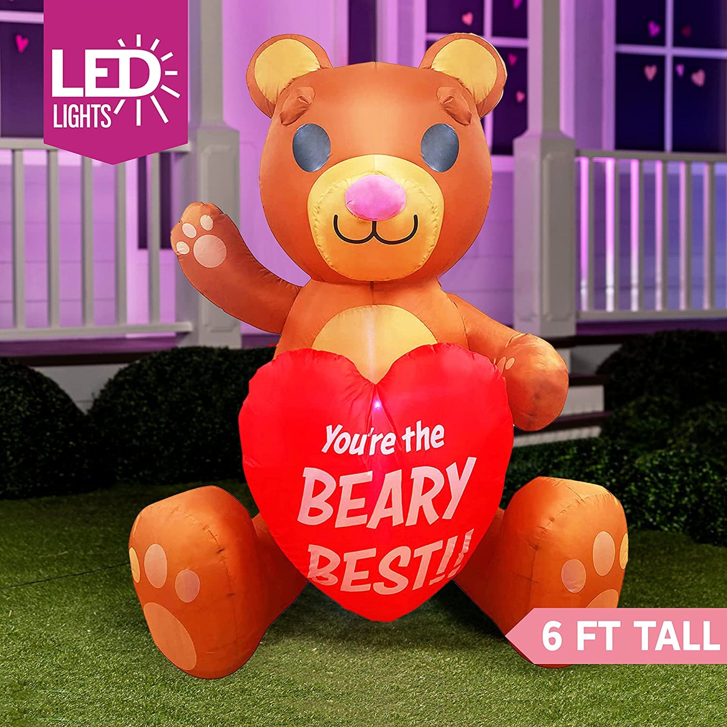 6 FT Valentines Day Inflatable Teddy Bear Holding Heart, Lighted LED