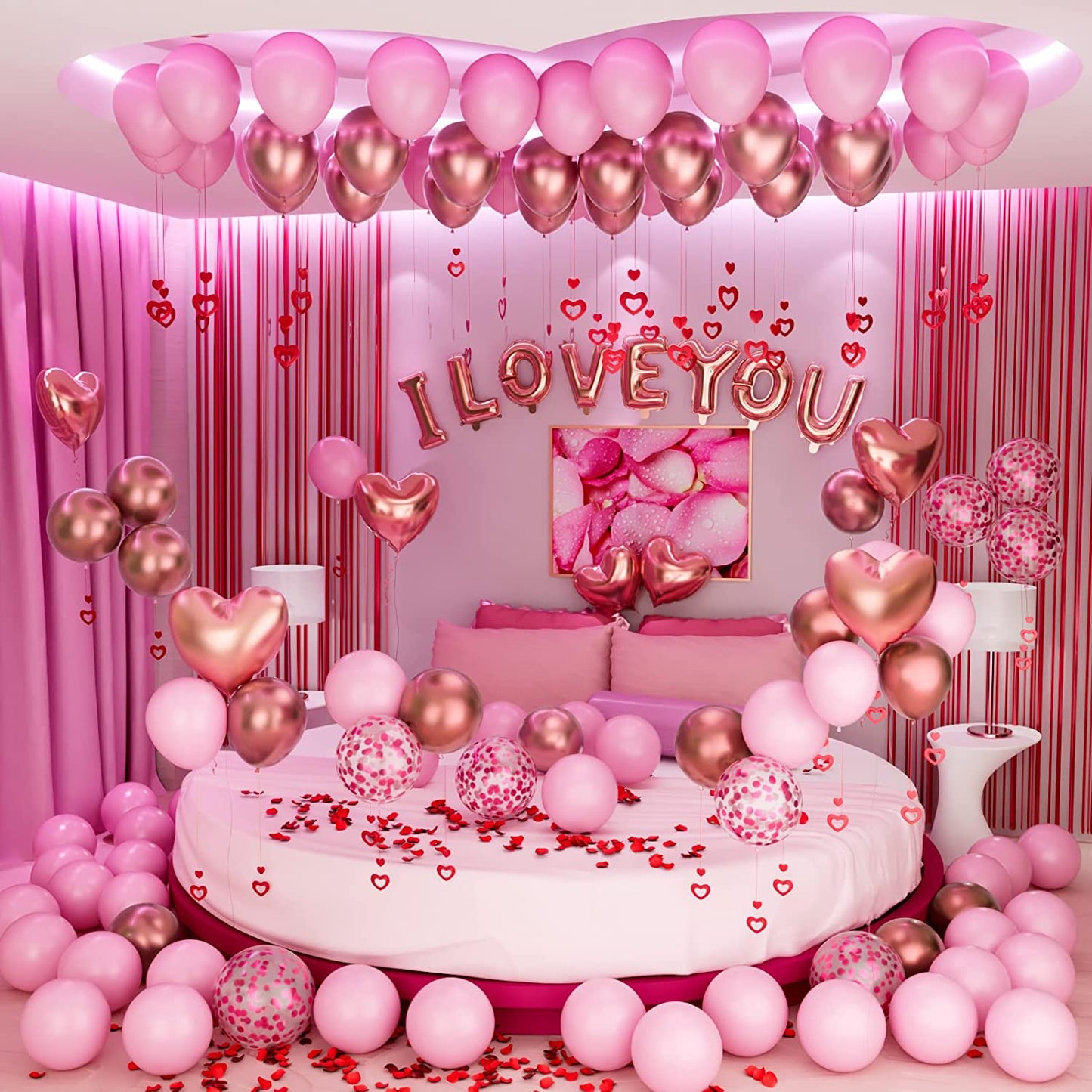 Valentines Day Balloons Kit with Rose Gold Pink Heart Balloons Rose Petals