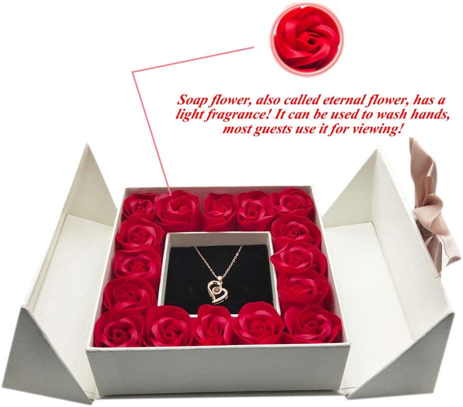 Preserved Red Rose Gift Box Handmade w/ Beautiful Necklace 100 Language Love You (white, heart)