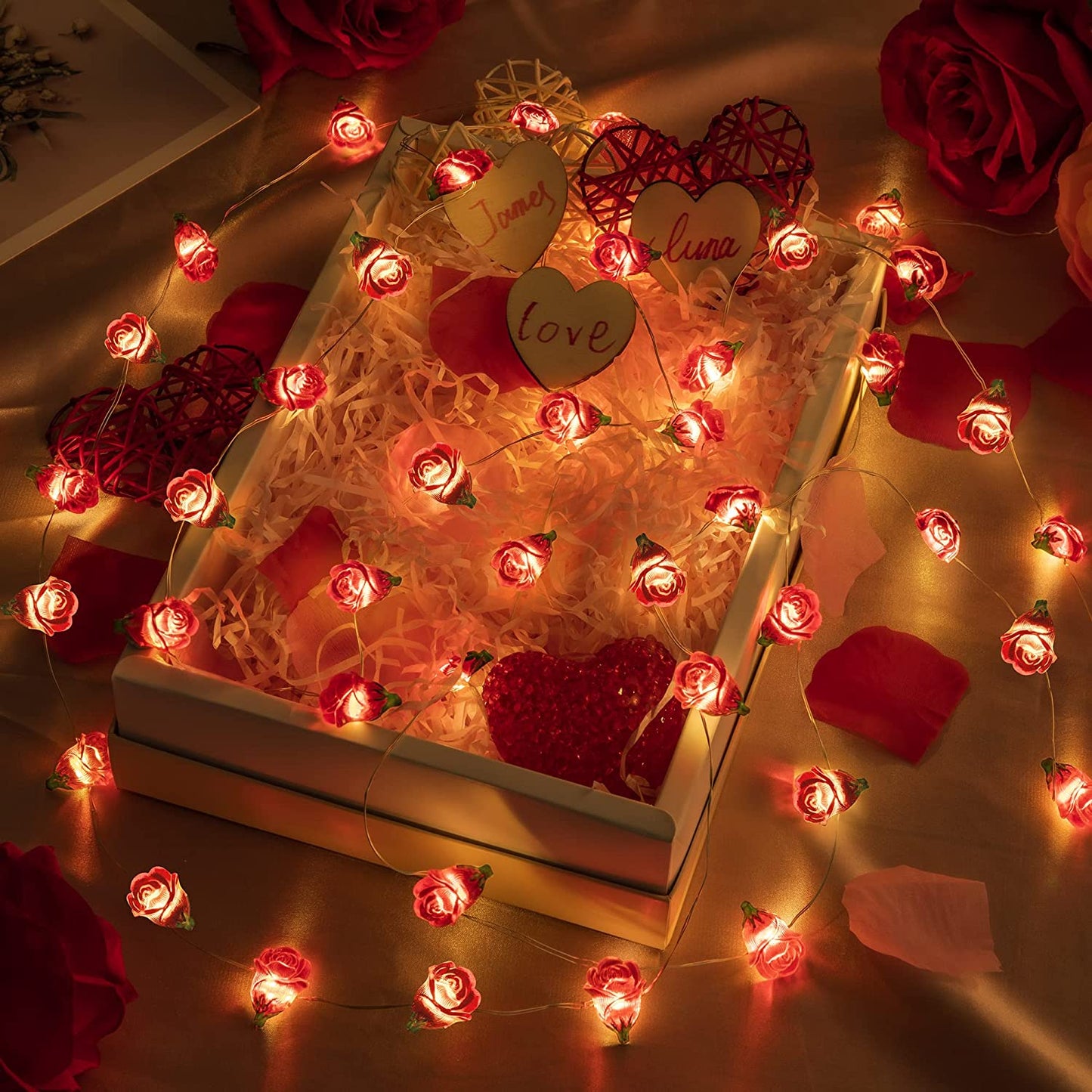 Fairy Romantic Red Rose String Lights, 30 LED 10 Ft Valentine's Day Flowers Lights w/ Timer