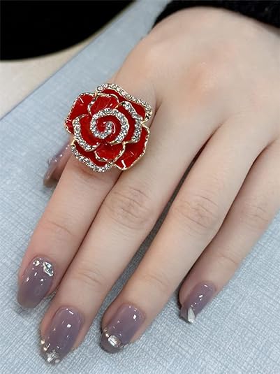 Rose Flower Promise Ring for Women Girls Statement Diamond Crystal 3D Enamel Flowers Adjustable Open Wrap Finger Rings