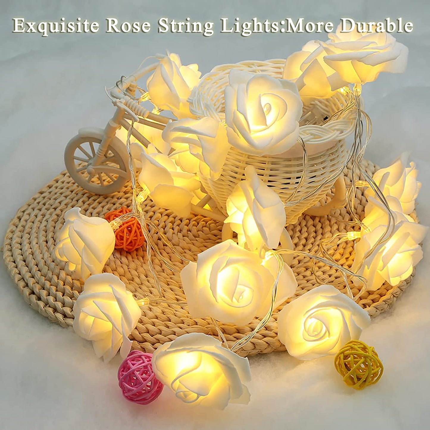 Valentines Day Rose Lights, 16.4ft 30 LED Flower String Lights with 8 Modes, Warm White