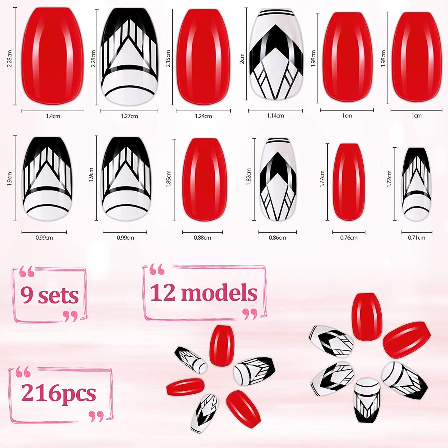 216 Pieces Short Coffin Press on Nails Ballerina False Nails (Delicate Pattern)