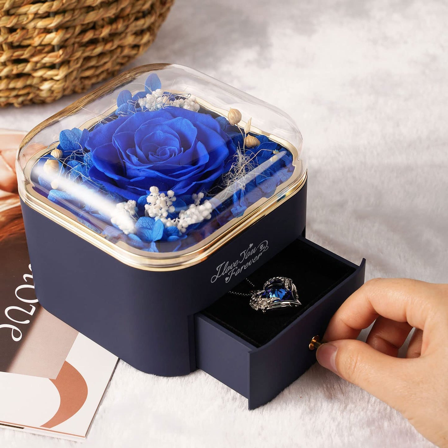 Valentines Day Gifts for Her Preserved Blue Rose with Blue Necklace for Women