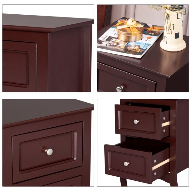 Set of 2 Nightstand Bedroom Bedside Table w/ Drawers Storage, Country Style Night End Table w/ Handle Brown