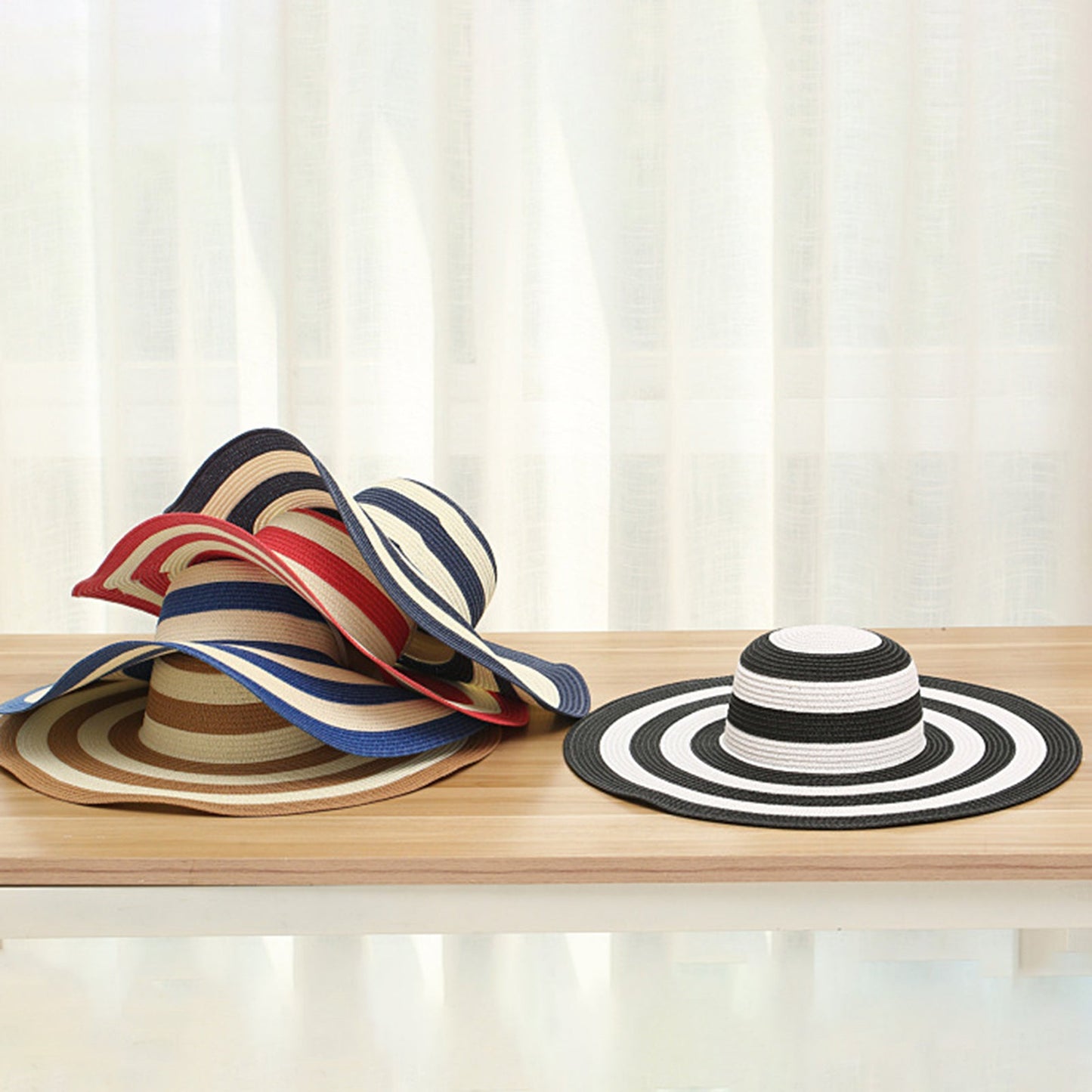 Women Stripe Sun Hat Foldable & Wide Brim