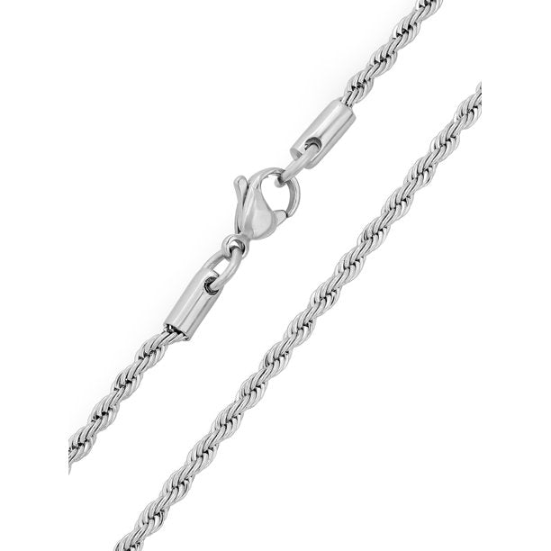 Mens Silver-Tone Stainless Steel Rope Link Chain Necklace