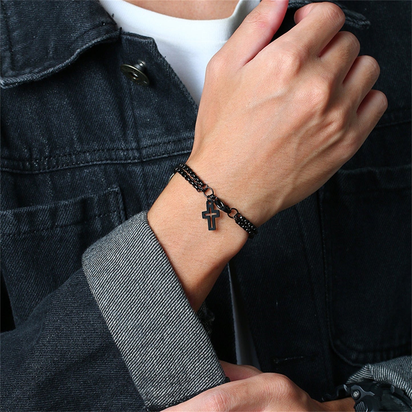 Stainless Steel Double Layer Cross Bracelet for Men/Women