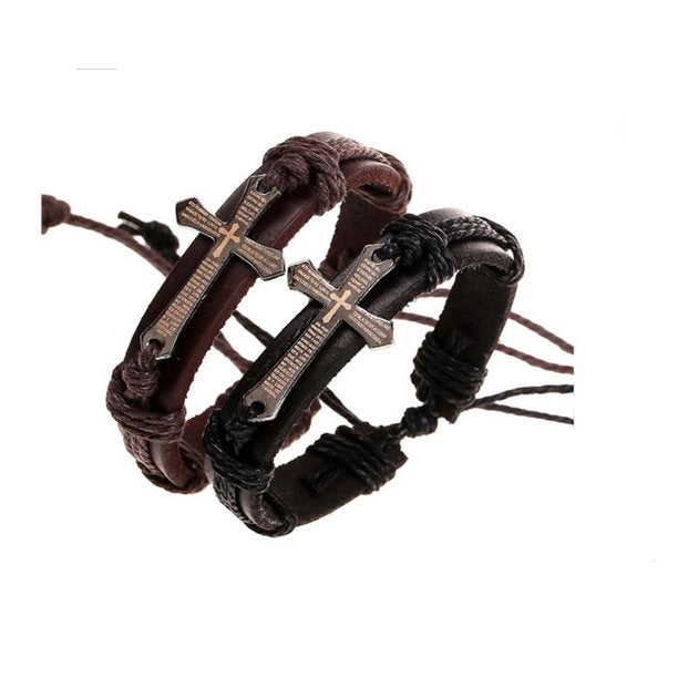 Men Women Cross Decoration Casual Wristband Bracelet PU Leather Braided