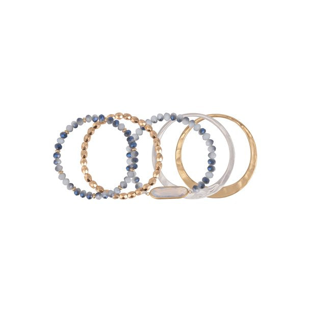 Hammered Gold and Blue Tone Beaded Bangle Bracelet Set, 5 Pack