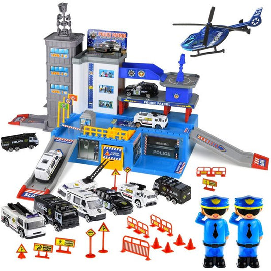 Police Car Toys for Boys Playsets with Matchbox Track, Garage, 6 Police Car Toy Vehicles, 2 Police Men, 1 Helicopter