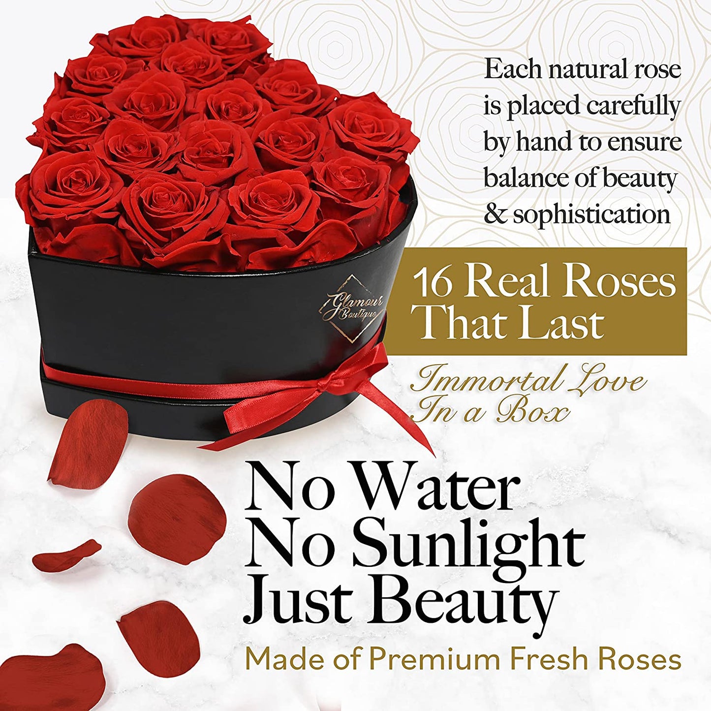 16-Piece Red Forever Flowers Heart Shape Box - Preserved Roses, Immortal Roses for Valentines Day Gift