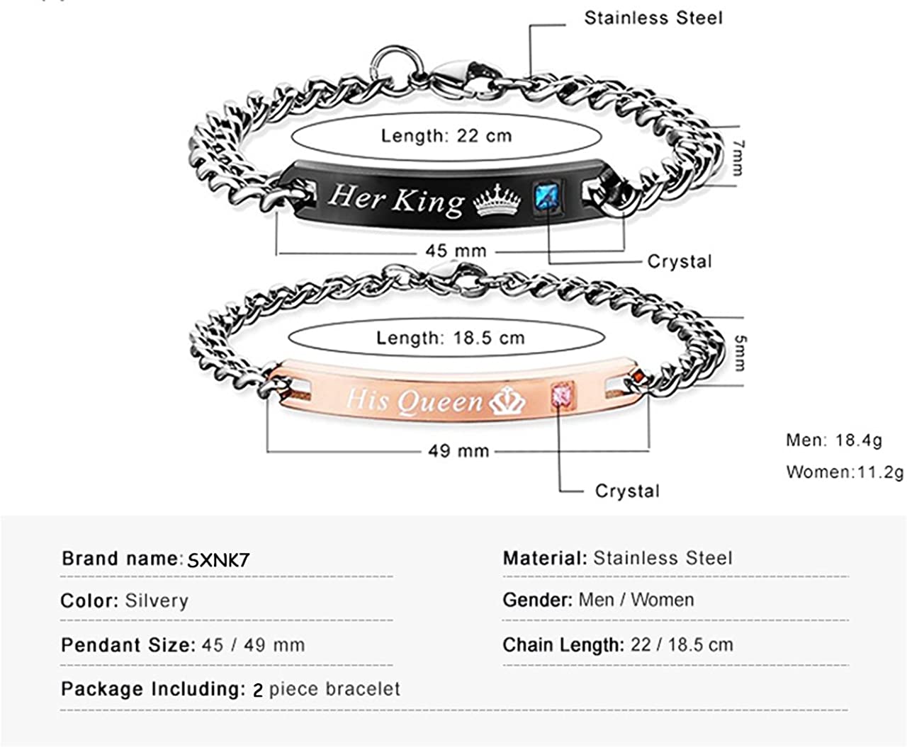 Gift for Lover His Queen Her King Stainless Steel Couple Bracelets