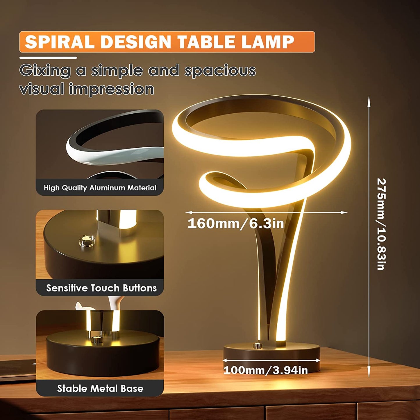 Modern Spiral RGB Table Lamp, 7 Colors 10 Light Modes LED Nightstand Lamp, Touch Dimmable- Black