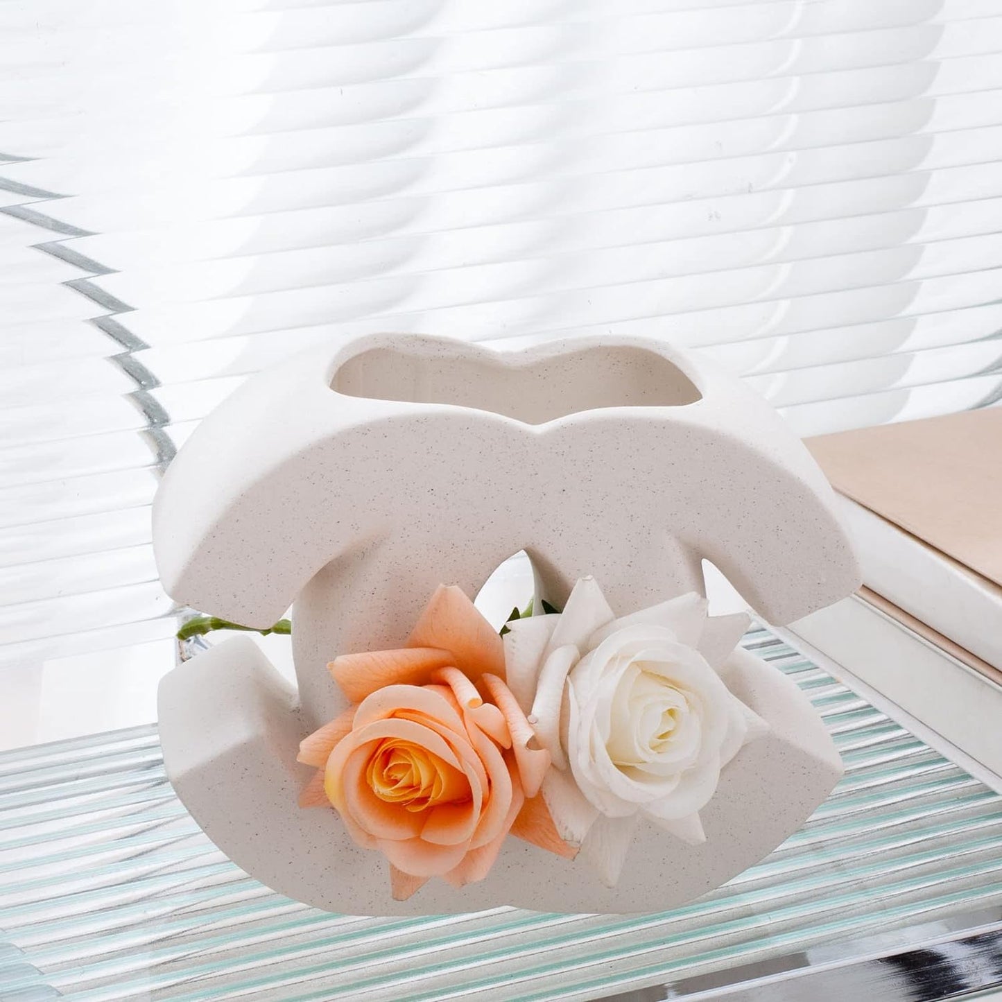 White Ceramic Vase, Minimalist Nordic Boho Matte Pampas Flower Vases，Ins for Wedding Dinner Table Party Living Room Office Bedroom(5.5" Hx7 Mx4 Caliber)