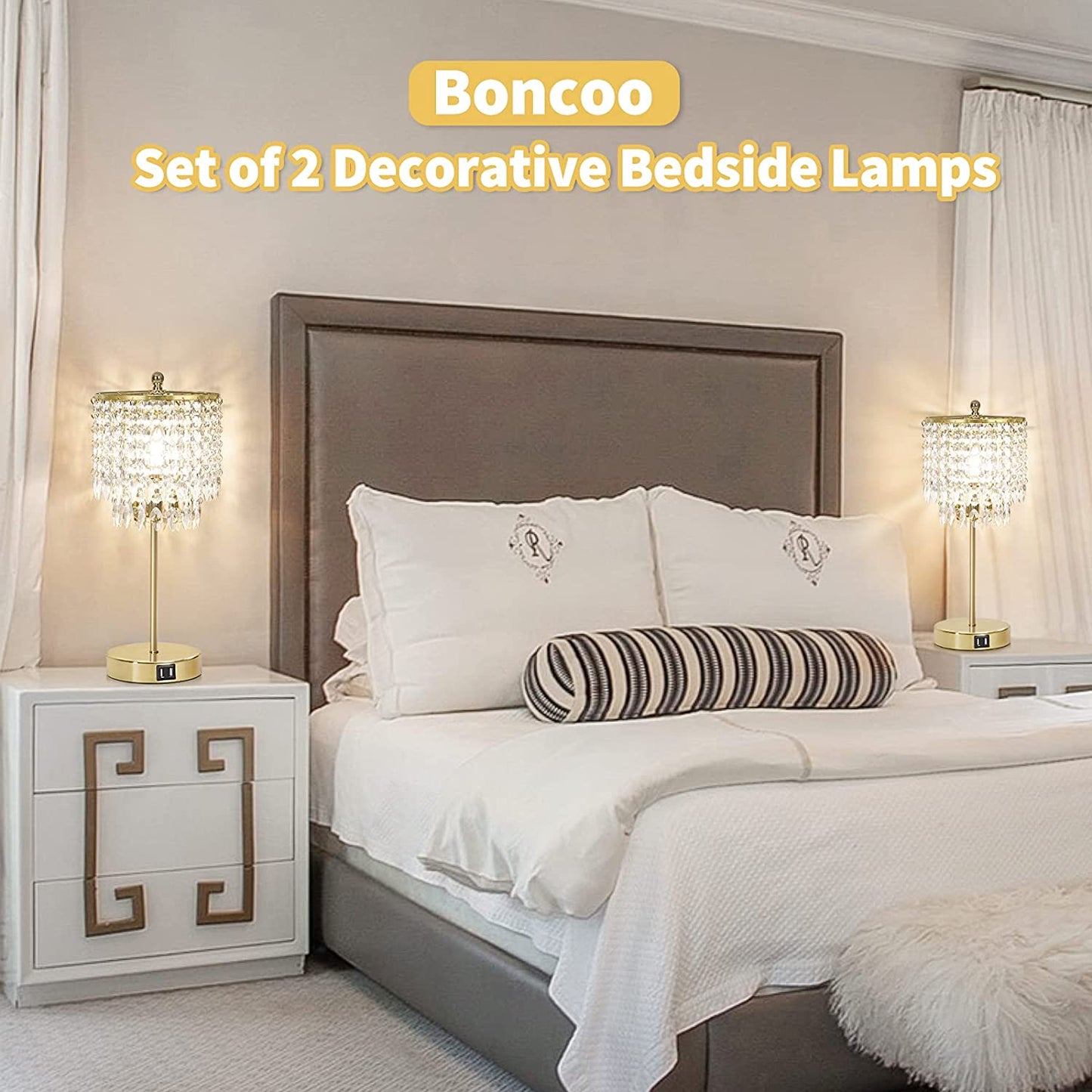 Crystal Touch Control Table Lamp w/ 2 USB Charging Ports