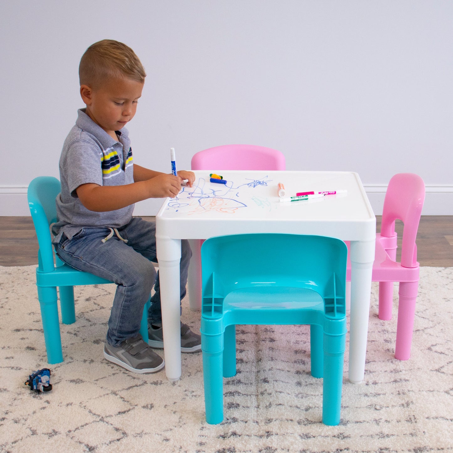 5-Piece Plastic Dry-Erase Table & Chair Set with Eraser