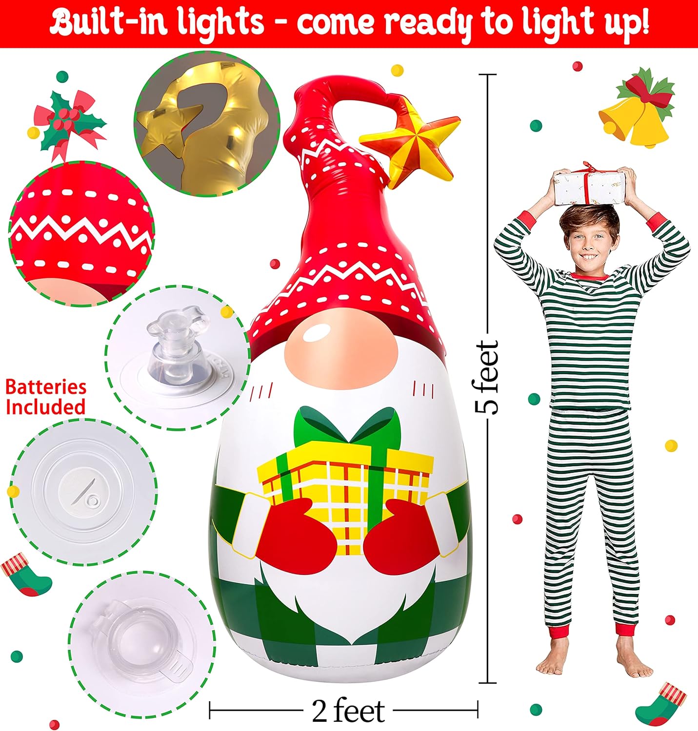 5Ft Lighted Outdoor Christmas Decorations Inflatables - Blow Up Gnome Tumbler Xmas/Winter Holiday/Happy New Year 2024 Display Indoor Party Decor Supplies