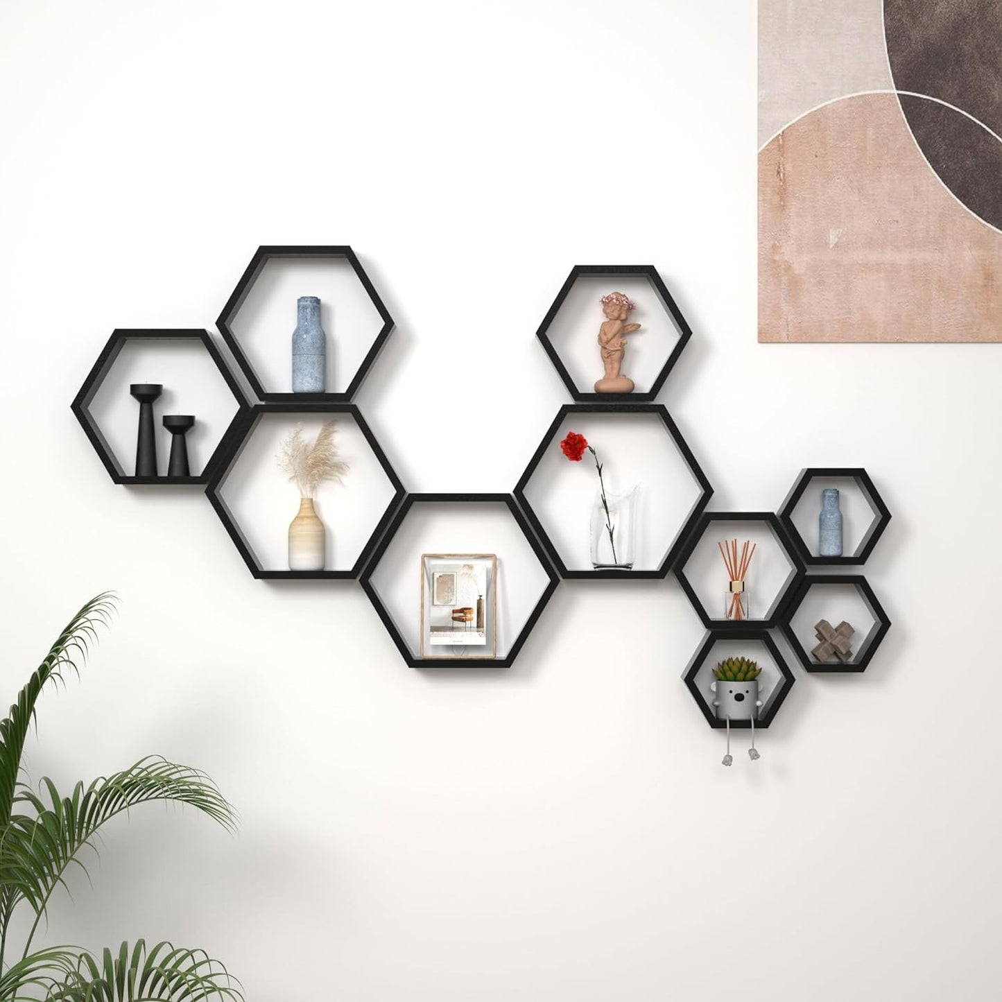 Hexagon Floating Shelves Set of 5, Honeycomb Shelves Wall Mounted Wood Farmhouse Storage Wall Shelf for Bathroom, Kitchen, Bedroom, Living Room,Driftwood Finish Wall Decor, Black