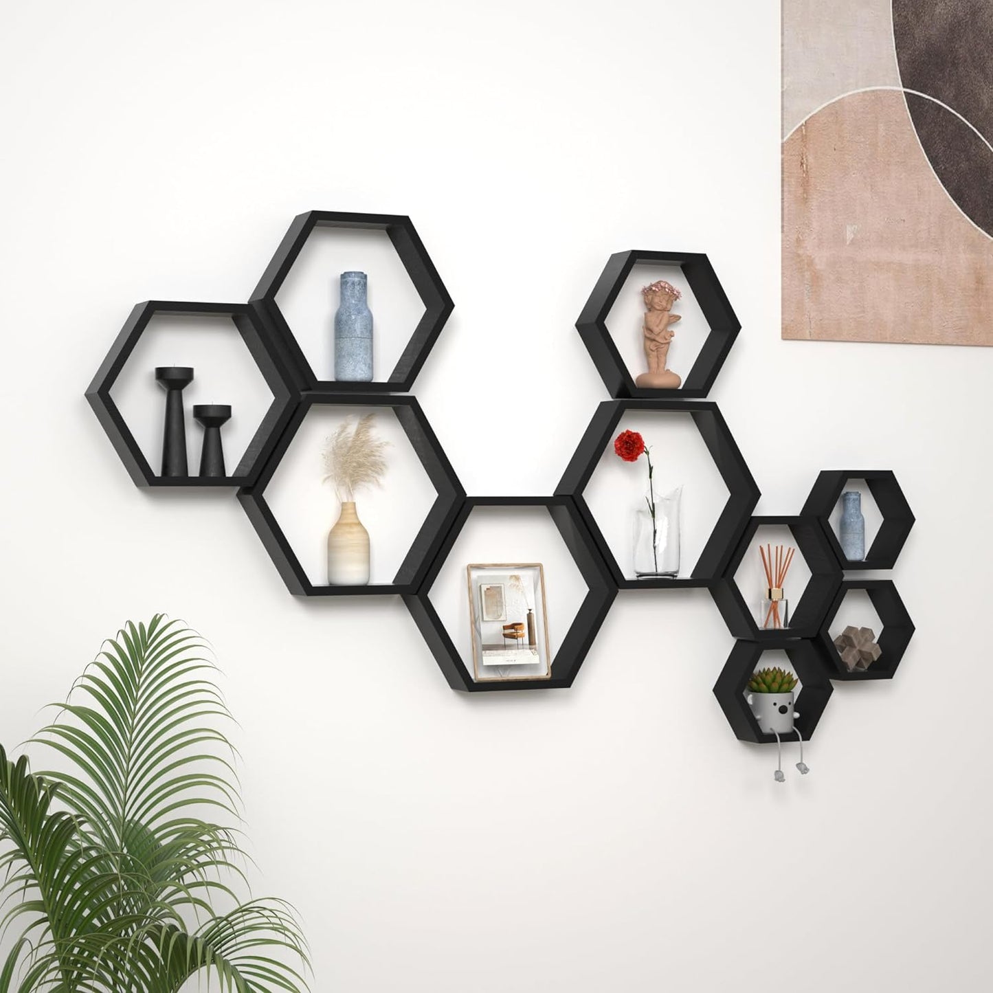 Hexagon Floating Shelves Set of 5, Honeycomb Shelves Wall Mounted Wood Farmhouse Storage Wall Shelf for Bathroom, Kitchen, Bedroom, Living Room,Driftwood Finish Wall Decor, Black