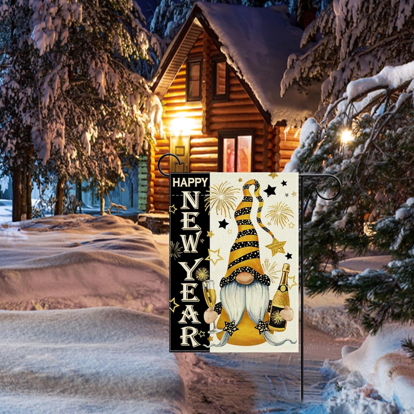 Happy New Year Gnome Decorative Garden Flag, Celebration Champagne Fireworks Stars Yard Outside Decorations, 2024 Black Gold Outdoor Small Burlap Home Decor Double Sided 12 x 18