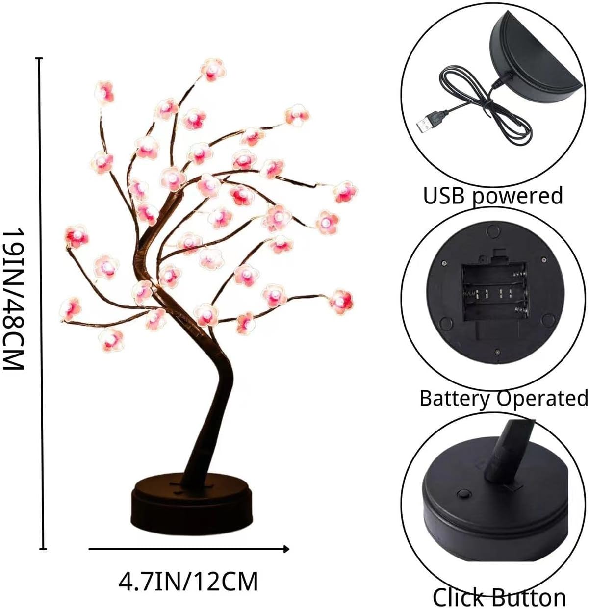 Cherry Blossom Tree Lamp, 18inch 36 Led Bonsai Tree Lights, Battery/USB Operated Japanese Decor Night Lights for Bedroom Home Christmas New Year Party Gift Idea
