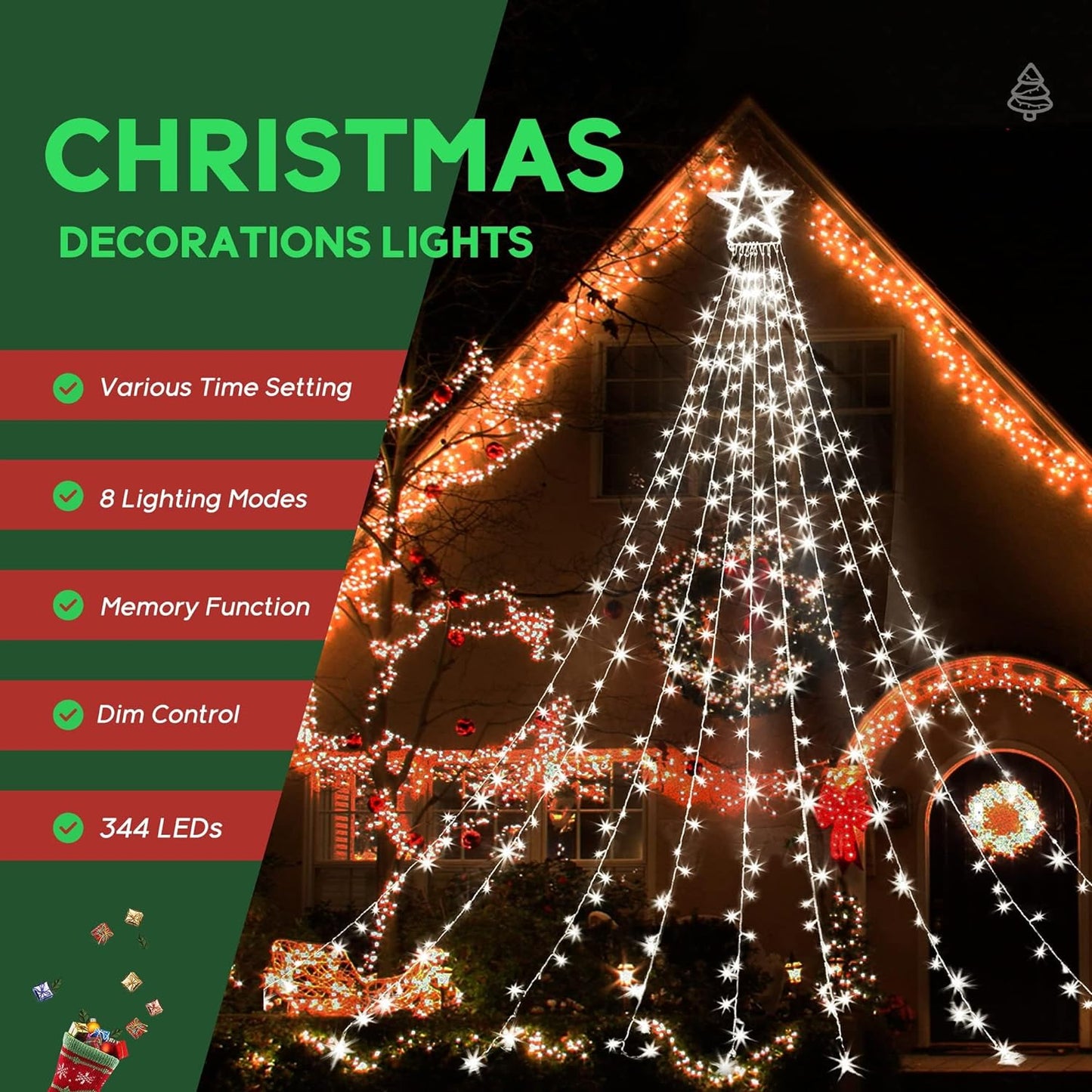 Christmas Lights 344 LED Star Lights 8 Lighting Modes Outdoor Tree Decorations for Christmas Yard, Garden, New Year, Holiday, Wedding, Party（Cold White）