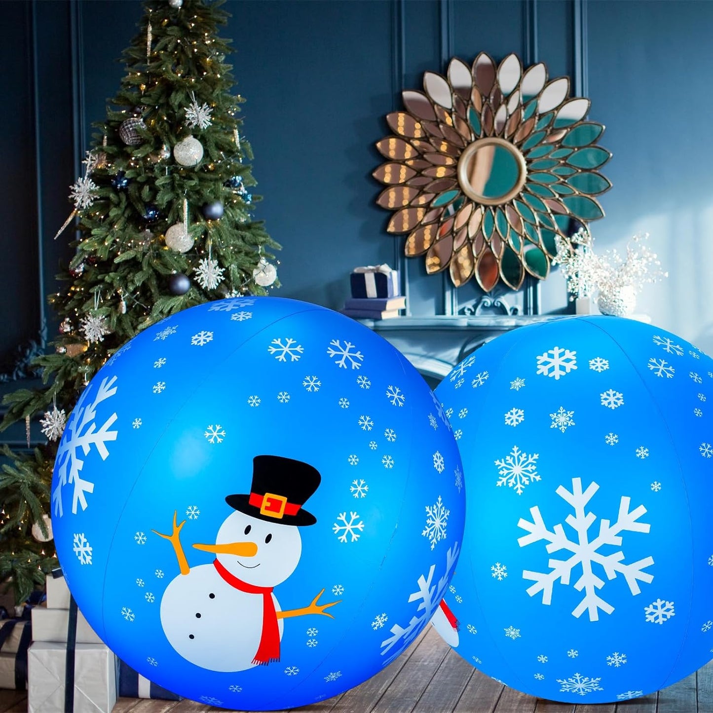 2 Pcs 40 Inch Giant Light up PVC Inflatable Christmas Ball Decorated Ball Large Christmas Balls Outdoor with Rechargeable LED Light Remote for Xmas Holiday Yard Pool Decor(Snowmen)