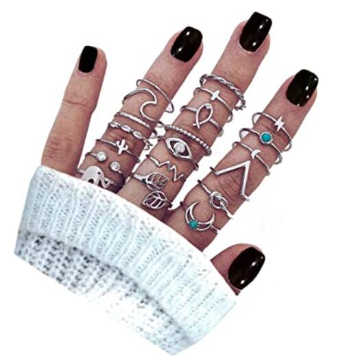 20Pcs Silver Star Moon Knuckle Ring Set for Women