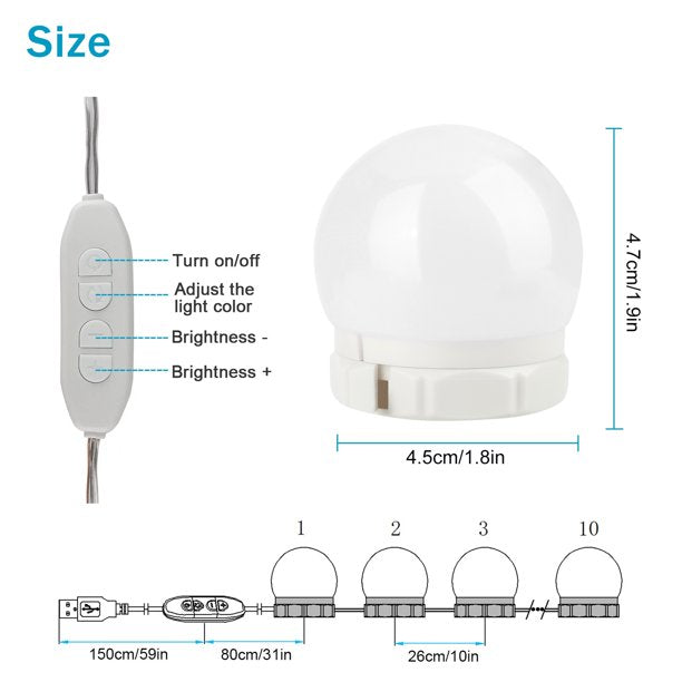 Vanity Lights for Mirror, 10-Bulb DIY Hollywood Lighted w/ Dimmable Lights, Stick on Light Kit, Plug in