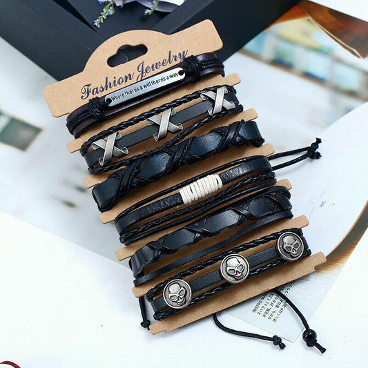 Bangle gothic Leather Bracelet Set Black brown Tribal Cuff Wristband Men Women