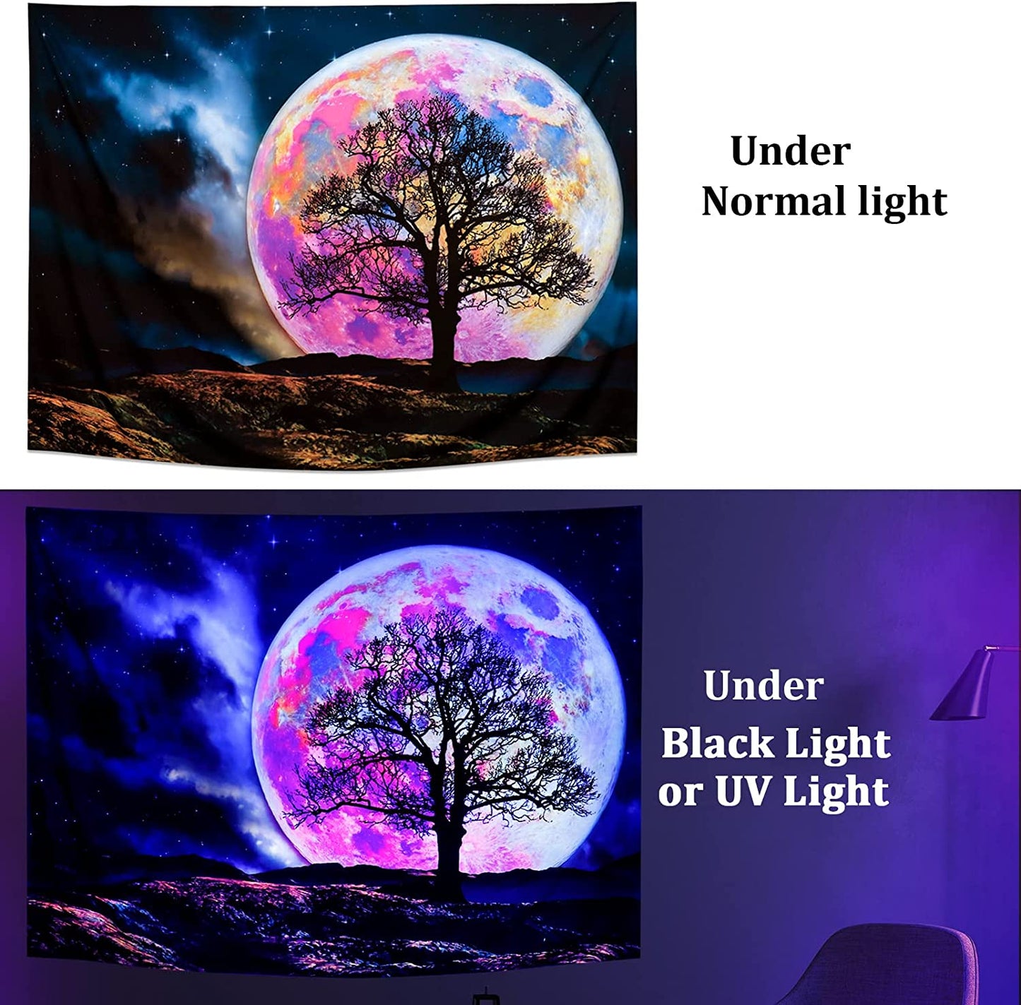 Blacklight Moon Tapestry UV Reactive Trippy Mountain Tree for Wall Decoration (59.1"x78.7")