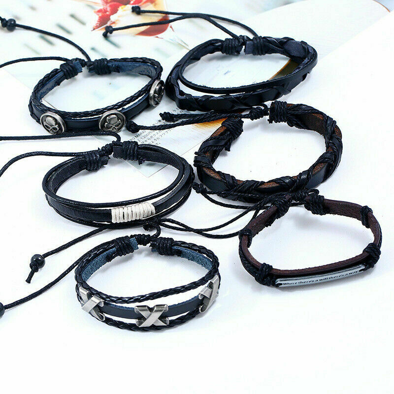 Bangle gothic Leather Bracelet Set Black brown Tribal Cuff Wristband Men Women