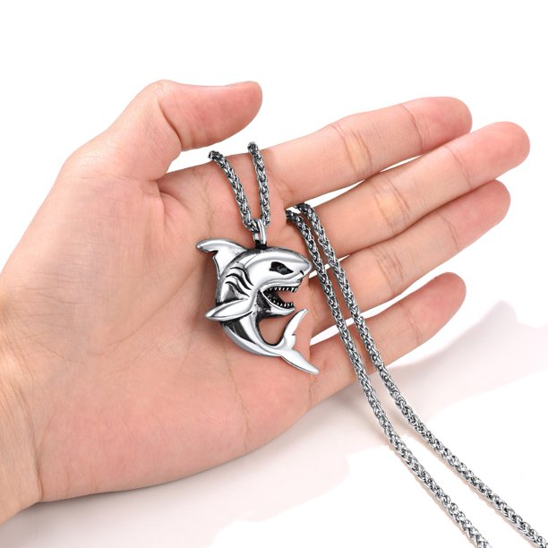 Silver Shark Pendant Chain for Men Stainless Steel Punk Cool Necklace